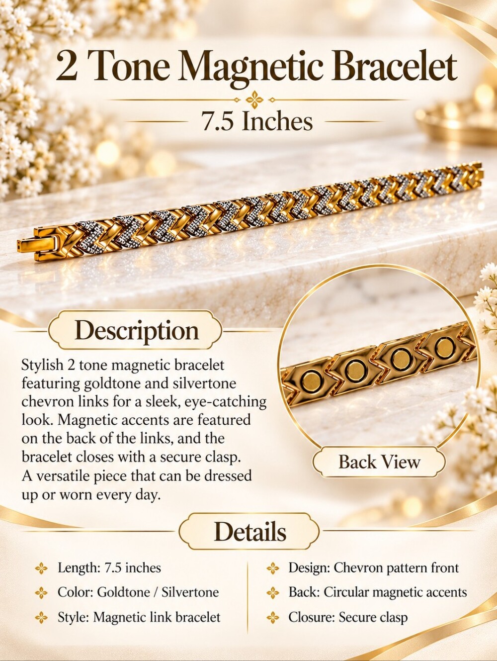 7.5 inch magnetic two tone bracelet